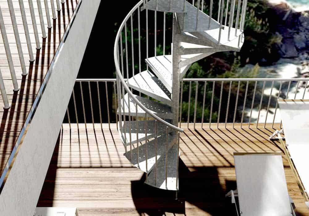 Escalera de caracol modelo Akua-Z con peldaños de metal estampado galvanizado y barandilla modelo R2 de Enesca.es