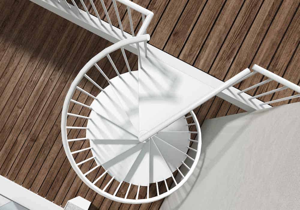 Escalera de caracol modelo Akua con peldaños de metal estampado y barandilla modelo R2(2) de Enesca.es
