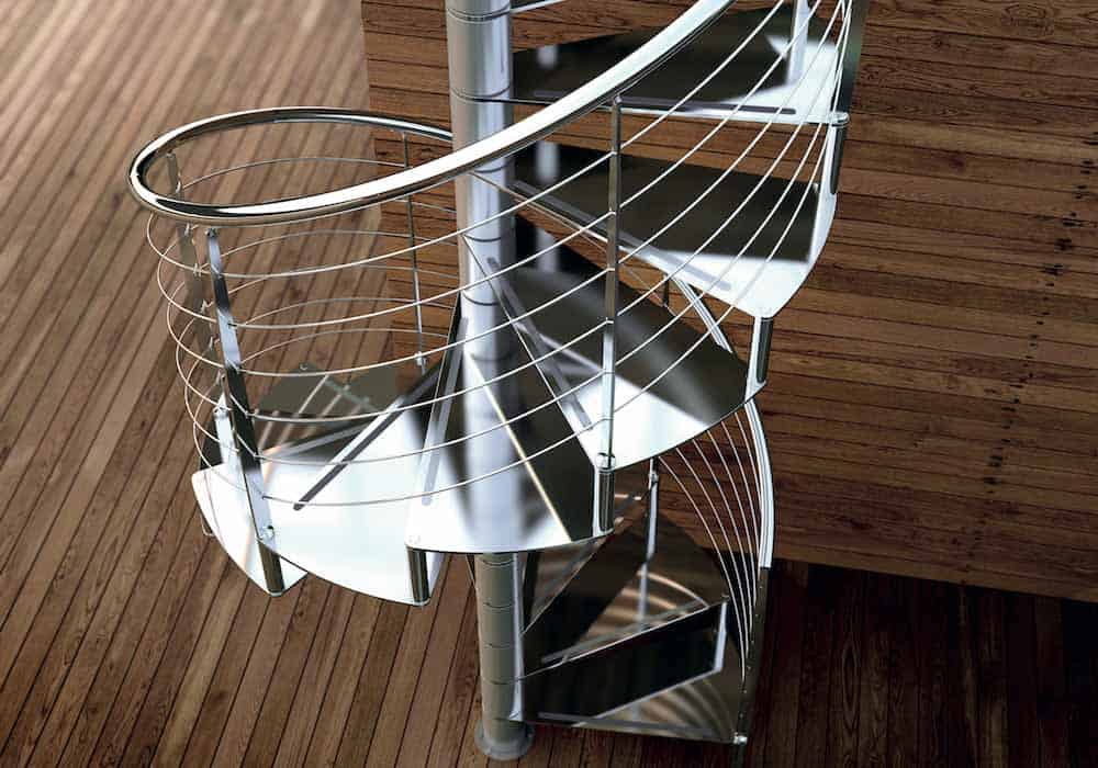 Escalera de caracol modelo Ferro Inox con peldaños de metal y barandilla modelo R4(1) de Enesca.es