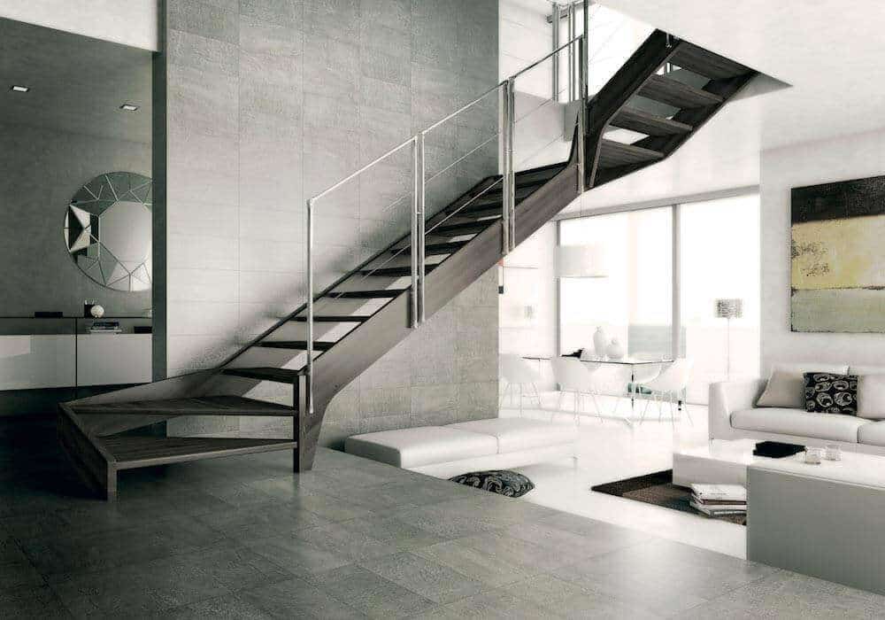 Escalera de tramos modelo Aris con peldaños de madera y barandilla modelo R72c de Enesca.es