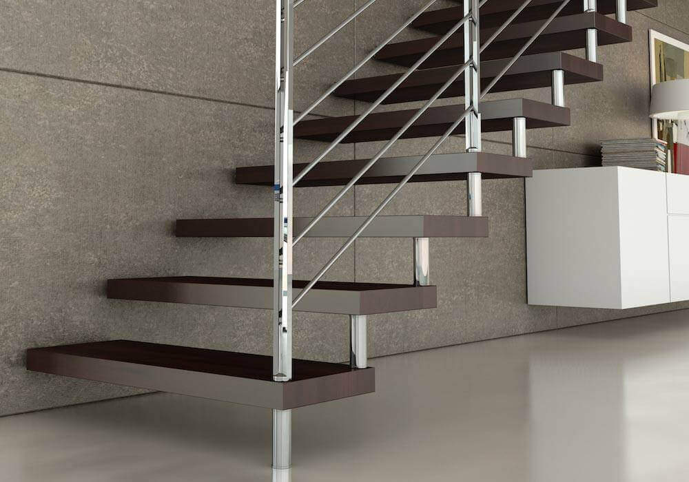Escalera de tramos modelo Glam con peldaños de maderay barandilla modelo R5 de Enesca.es