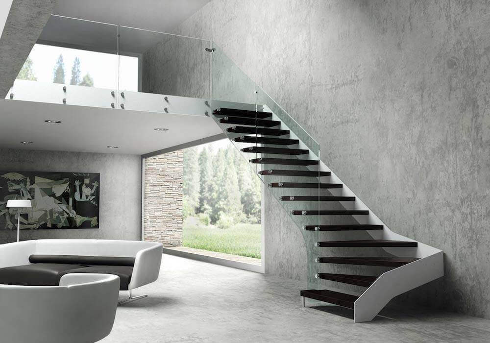 Escalera de tramos modelo Itron con estructura simple, peldaños de madera y barandilla modelo RV1 de Enesca.es