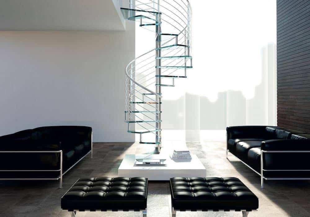 Escalera de caracol modelo Inox con peldaños de cristal y barandilla modelo R5 de Enesca