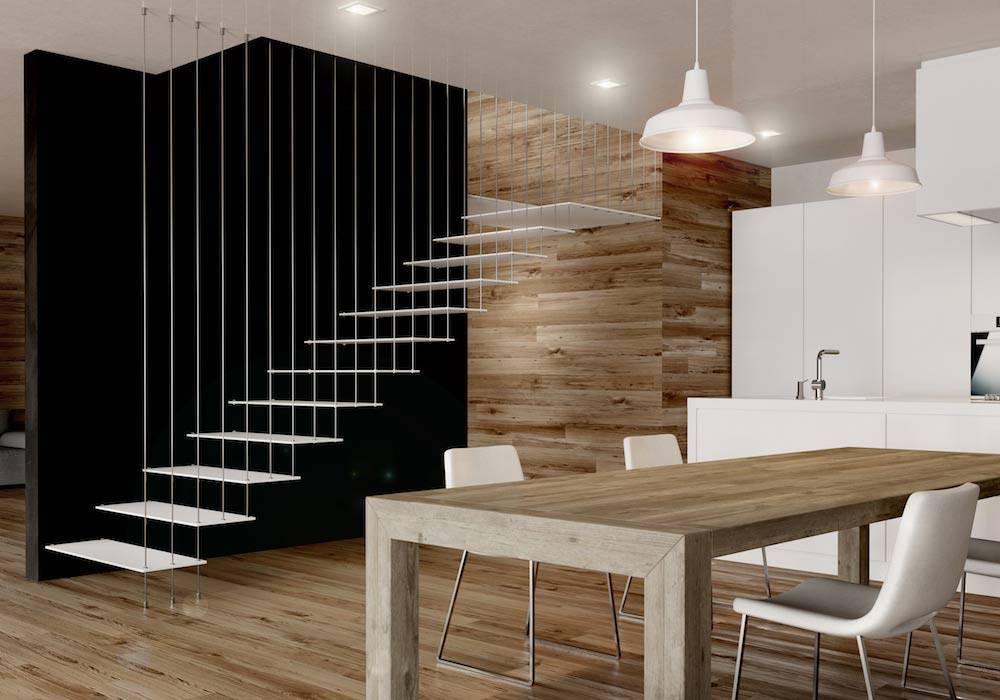 Escalera de tramos modelo Glam Laser con peldaños de metal y barandilla modelo R102 de Enesca