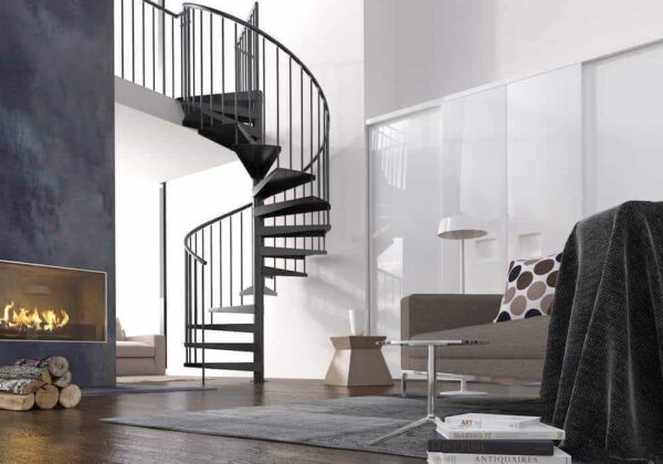 Escalera de caracol modelo Akua con peldanos de metal estampado y barandilla modelo R2 de Enesca