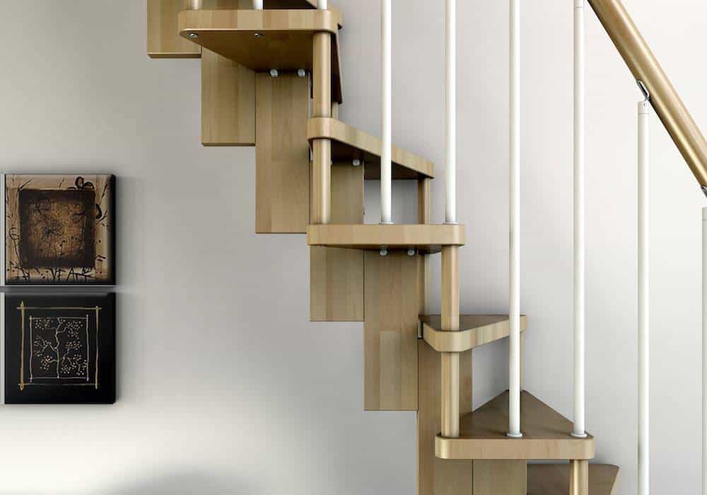 Escalera de tramos modelo Basik con peldanos de madera y barandilla modelo R22 de Enesca