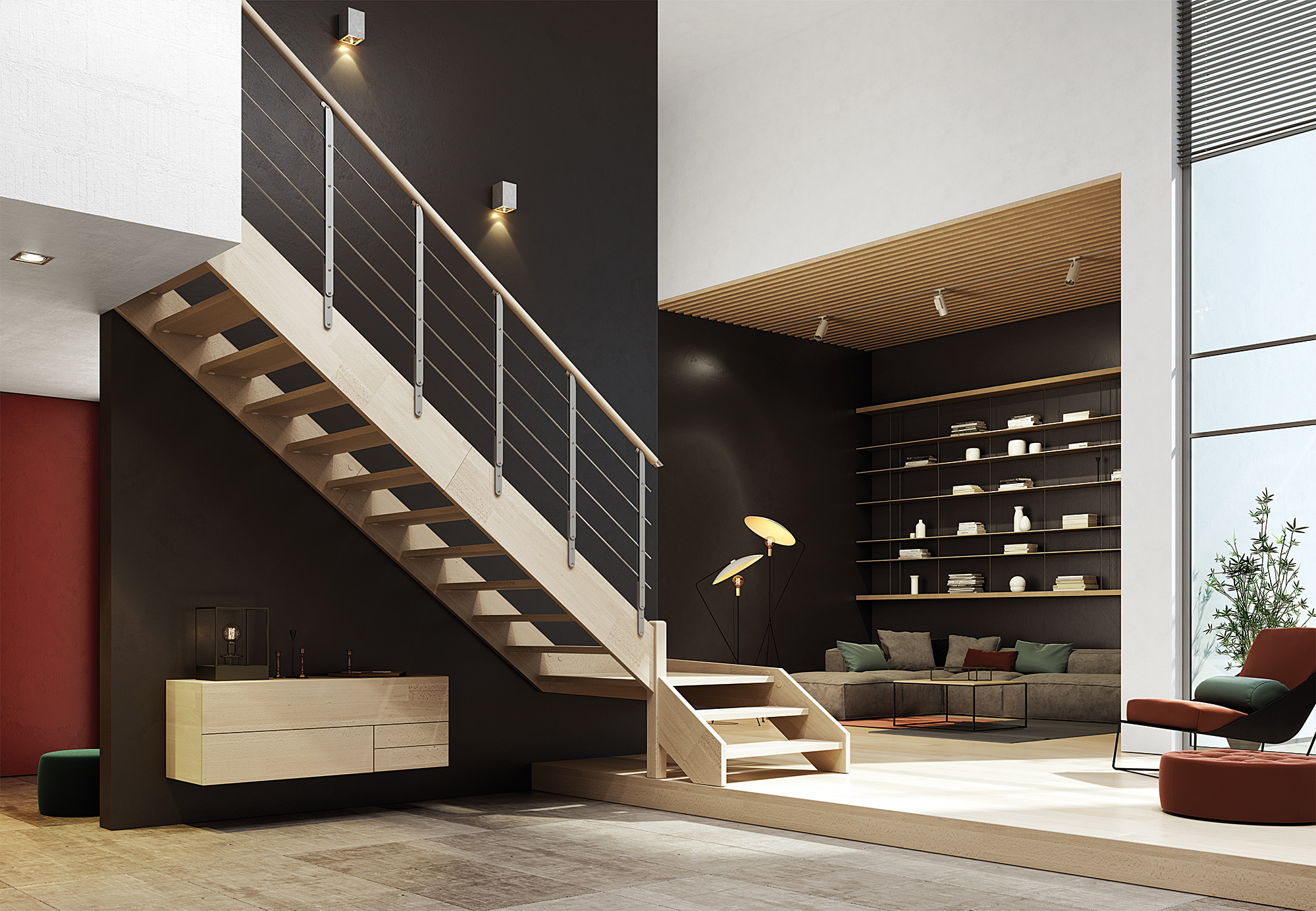 Escalera de tramos de madera con pasamanos de madera