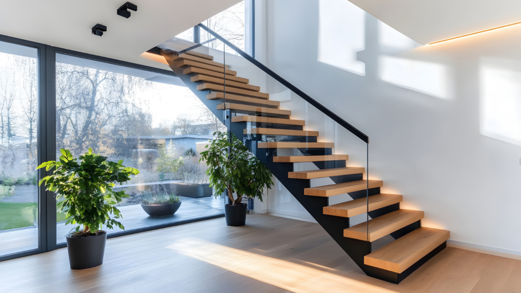 Escalera moderna con escalones flotantes de madera, estructura met&aacute;lica y barandilla de cristal