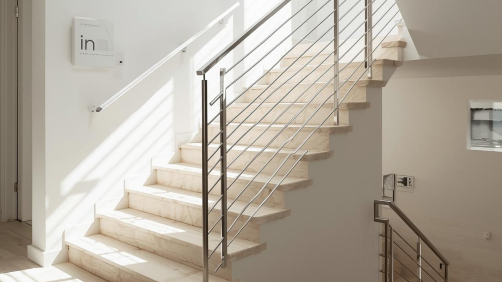 Escalera interior moderna con baranda de aluminio y pelda&ntilde;os de m&aacute;rmol