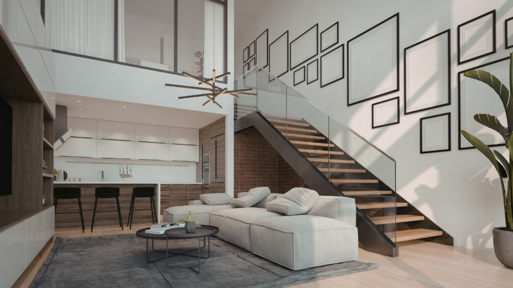 Escalera moderna con pelda&ntilde;os de madera y barandilla de cristal integrada en un espacio abierto de sal&oacute;n y cocina