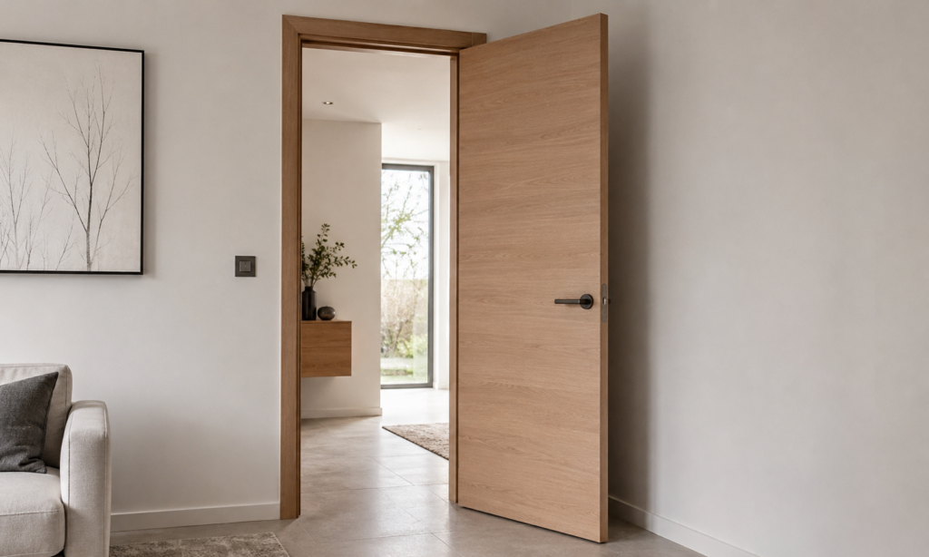 Puerta interior de madera abierta, mostrando la hoja y su encuentro con el marco