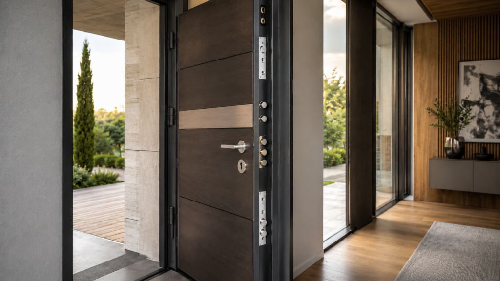 puerta acorazada seguridad vivienda Puerta acorazada para vivienda con marco reforzado, cerradura de seguridad y estructura metálica