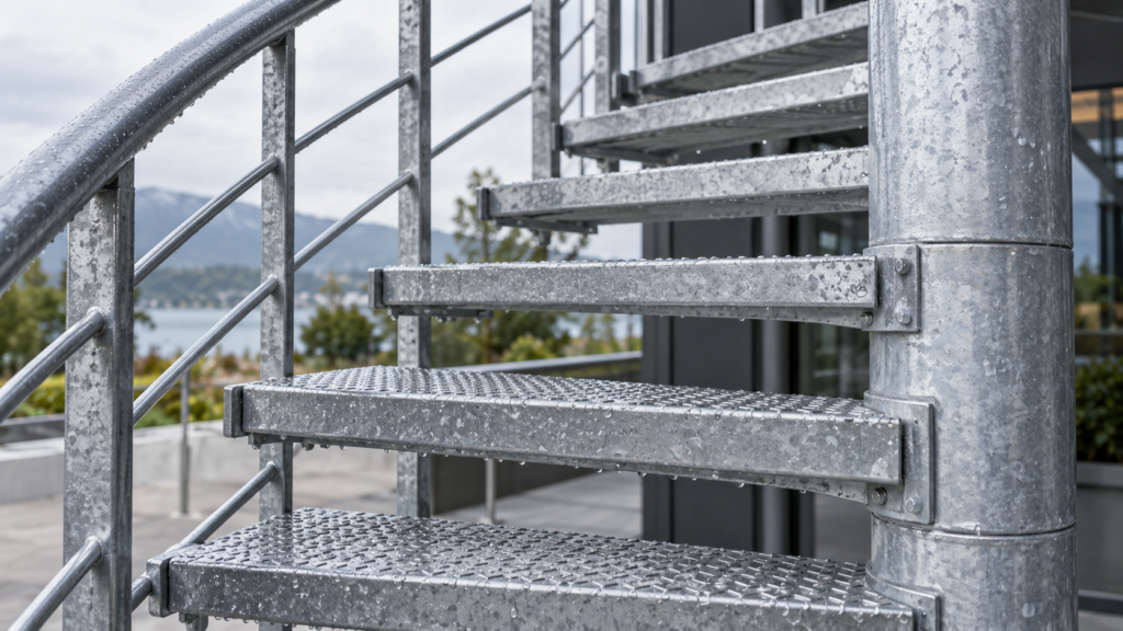Detalle del acero galvanizado en una escalera de exterior Detalle del acero galvanizado en una escalera de exterior