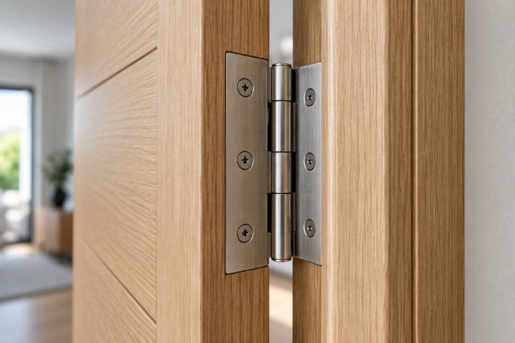 pernio met&aacute;lico desmontable para puerta de madera, mostrando claramente las dos piezas del herraje unidas mediante su eje vertical, instalado entre el canto de una puerta y su marco