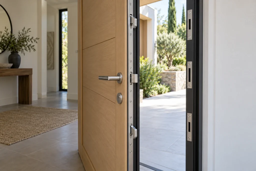 Puerta de entrada abierta con varios puntos de cierre distribuidos en su canto met&aacute;lico