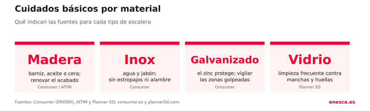 Cuidados por material: madera con barniz, aceite o cera, acero inoxidable con agua y jabón y sin estropajos, acero galvanizado con zinc contra la corrosión y vidrio con limpieza frecuente